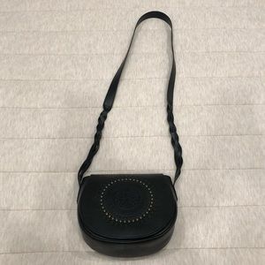 Black Engraved Crossbody with Woven Strap and Brass/Gold Accent